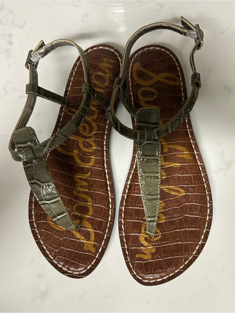 Sam Edelman Olive Green Croc-Embossed T-Strap Sandals Size 7M